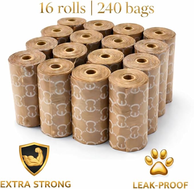 Everything Chic Designer Luxury Dog Poop Bags & Silicone Used Waste Bag Holder Set – Leak Proof Thick Durable Dog Waste Bags Refill Rolls, Easy-Tear Pet Waste Pickup Bags (GucchewiWasteBags, 240 Bags)