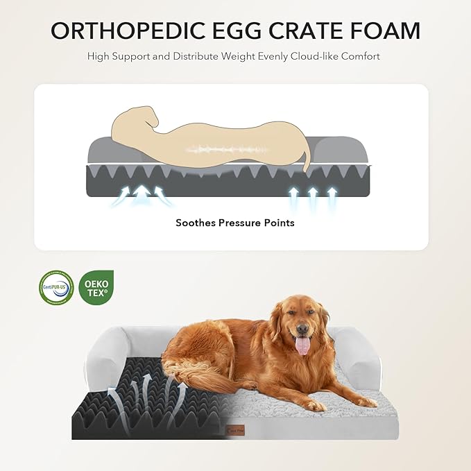 Orthopedic XXL Dog Beds, Waterproof Egg Crate Foam Big Pet Bed for All Breed Sized Dogs 53x42Inch, Washable Extra Large Dog Couch Bed with Removable Cover and Non-Slip Bottom, Grey White