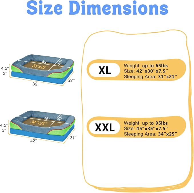 Chez Paw Large Orthopedic Dog Bed for Extra Large Dogs, Waterproof XL Egg-Crate Foam Dog Bed with Removable Washable Cover & Non-Slip Bottom, 4-Sided Bolster Support, Blue Lime 42"x30"x7.5"