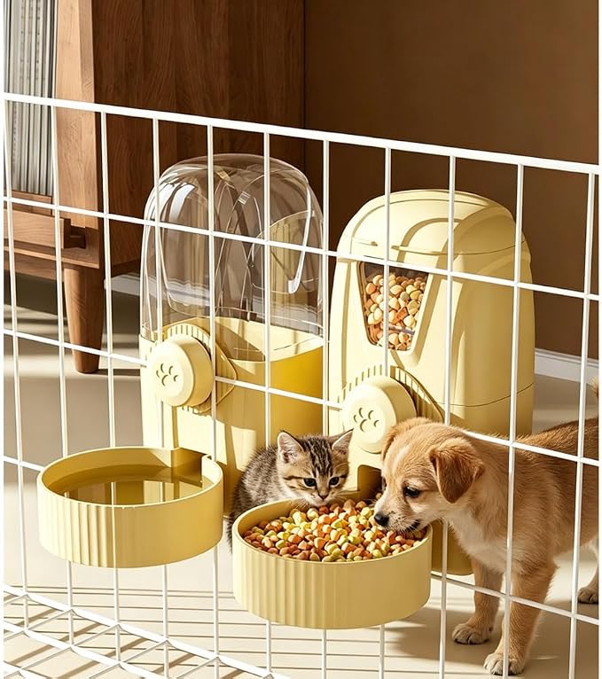 Hanging Pet Feeder Water Dispenser Set - 2-in-1 Gravity Food Water Bowl for Cats Small Dogs Rabbits, Cage Mounted No-Spill Pet Feeding Station (Grey)