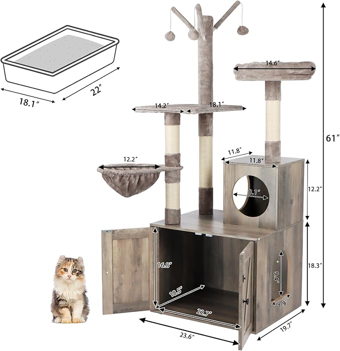 Timberer Litter Box Enclosure with Cat Tree, 2-in-1 Cat Tree Tower, Hidden Cat Litter Box Furniture with Scratching Post, Modern Cat Condo, Grey
