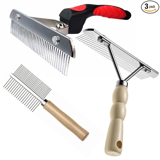 Undercoat Rake for Dogs, 3 Pack Extra-Large Rake Comb Set Long Tooth Undercoat Brush & Flea Comb, Long Hair Dog Combs for Grooming Shedding German Shepherd Horse Great Pyrenees