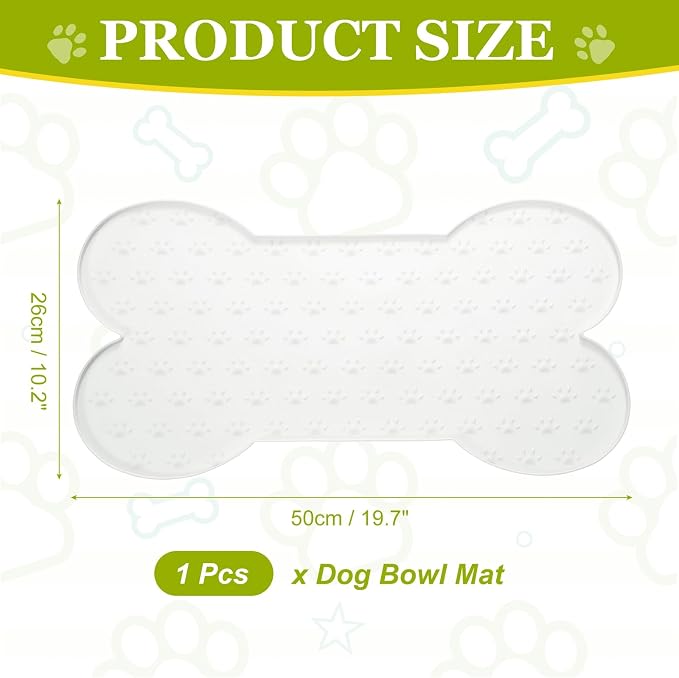 Dog Food Mat, 20x10 Inch Silicone Pet Feeding Mat Non-Slip Bone Shaped Waterproof Dog Water Bowl Tray Raised Edge Protects Floors (White), Intended for Pets Bowl/Fountain
