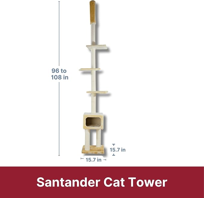 TRIXIE Santander Floor to Ceiling Cat Tower, Adjustable 96"-108" Height Sisal Cat Scratcher, Cat Condo, Platforms