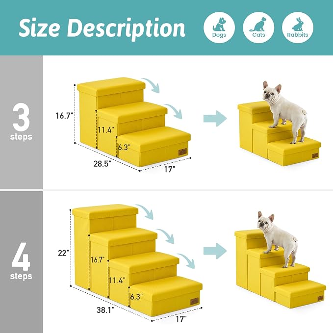 Dog Stairs with Storage, 3-Step Wider Sturdy Dog Steps for Small/Medium/Large Dogs and Older Cats, Folding Doggie Ramp for Bed/Couch/Car Hold Up to 180 lbs (16.7" H, Yellow)