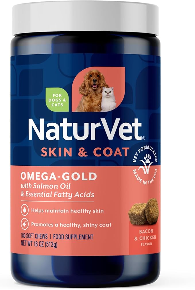 NaturVet – Omega-Gold Plus Salmon Oil | Supports Healthy Skin & Glossy Coat | Enhanced with DHA, EPA, Omega-3 & Omega-6 | for Dogs & Cats | 180 Soft Chews