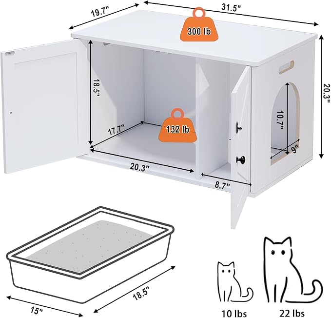 Timberer Cat Litter Box Enclosure, Litter Box Furniture Hidden with Removable Divider, Wooden Cat Washroom Furniture, Indoor Cat House, White