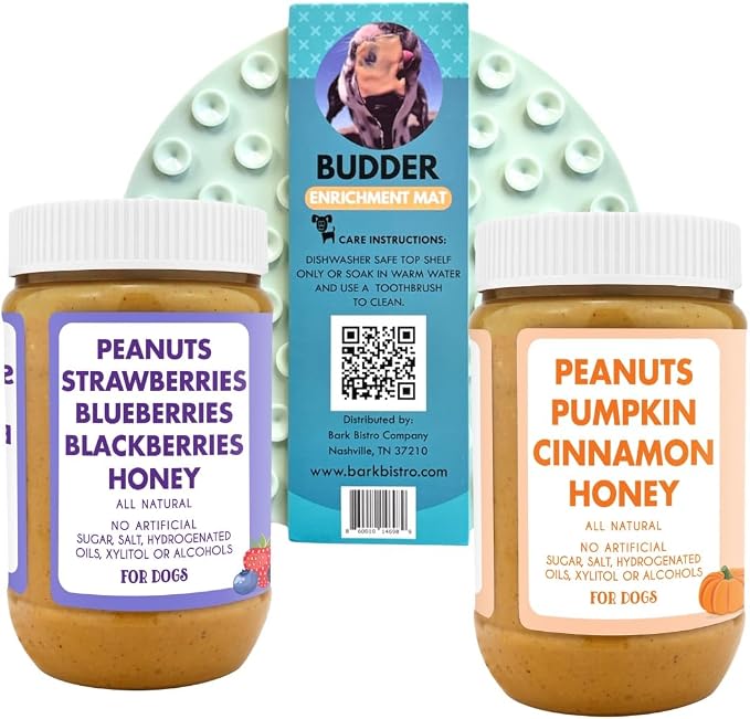 BUDDY BUDDER Superberry Snoot + Pumpkin Pup Blue Dog Enrichment Mat Combo, 100% Natural Peanut Butter, Healthy Dog Treats - Made in USA (Set of 2 / 17oz Jars + Lickmat)