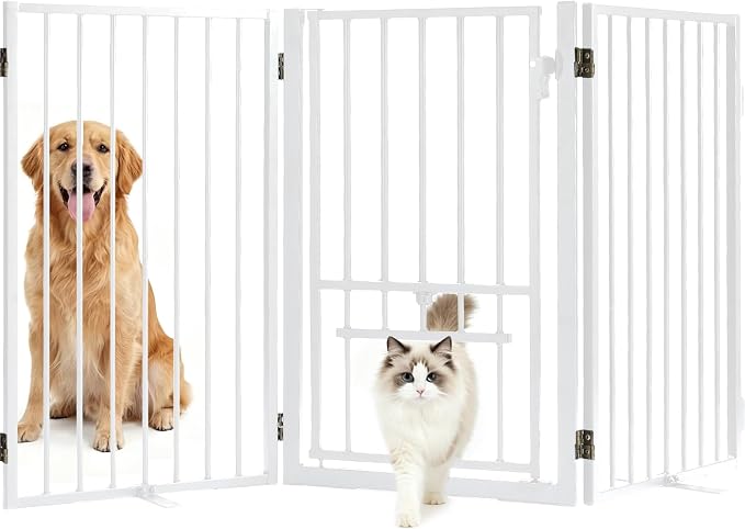 Full Metal Freestanding Dog Gate with Cat Door for Outdoor & Indoor,34" Tall Foldable Pet Fence,60" Extra Wide Free Standing Dog Gate for RV Camping,Stairs,Hallways,Doorways,Deck,Yard (3 Panels,White)