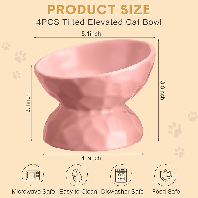 Bokon 4 Pcs Ceramic Raised Cat Bowl 6.8 oz Pet Food Bowl Anti Vomiting Pet Elevated Dog Feeder Tilted Cat Water Bowl Feeding Kitten Dishes for Small Dog Kitten(White, Yellow, Blue, Pink)