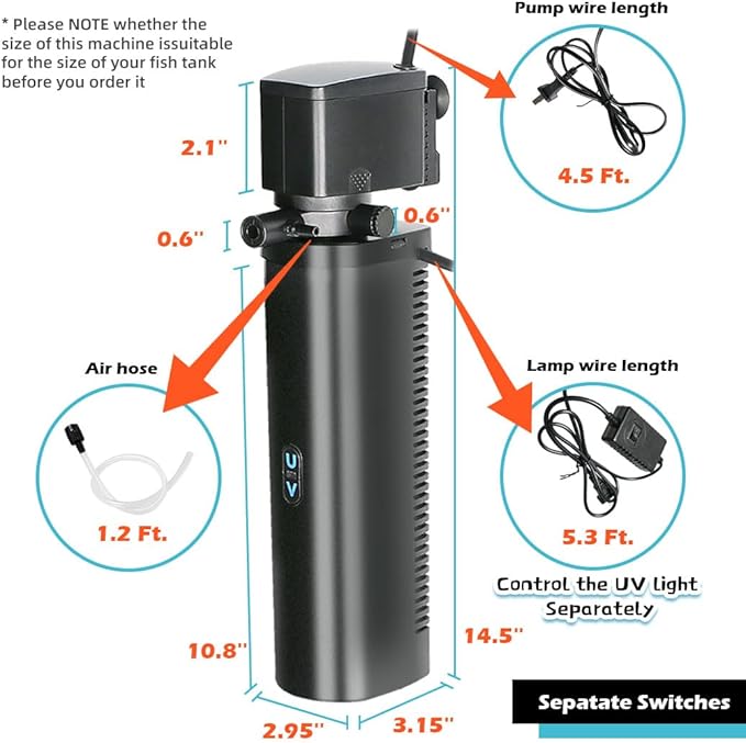Aquarium Filter for 100-500 Gallon Tank, U-V Fish Tank Green Clean Machine Submersible Powerful Pump Canister Filter 600GPH for Pond Turtle Tank Saltwater Freshwater Crystal Clear Green Killing