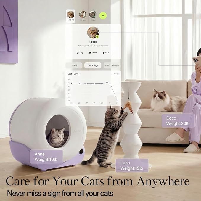 Furrytail Automatic Litter Box Self Cleaning, Kitty Litter Box, Smart Safety Sensors, Advanced Odor & Leak Control, Large Capacity for Multi Cat Homes, with App Control & 40 Trash Bags, Lilac