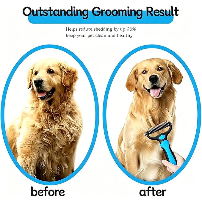 Double-sided Deshedding Pet Brush - Dual-Sided, Ergonomic & Gentle for Dogs & Cats, 2027 New Dematting Comb for Dogs Cats for Matted Fur (Blue)