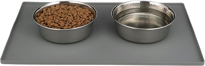 Neater Pets Stylish Stainless Steel Hammered Pet Bowls for Food & Water with Neater Mat Waterproof Silicone Bowl Mat