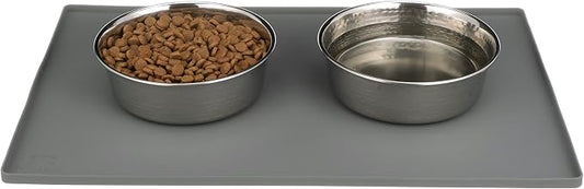 Neater Pets Stylish Stainless Steel Hammered Pet Bowls for Food & Water with Neater Mat Waterproof Silicone Bowl Mat