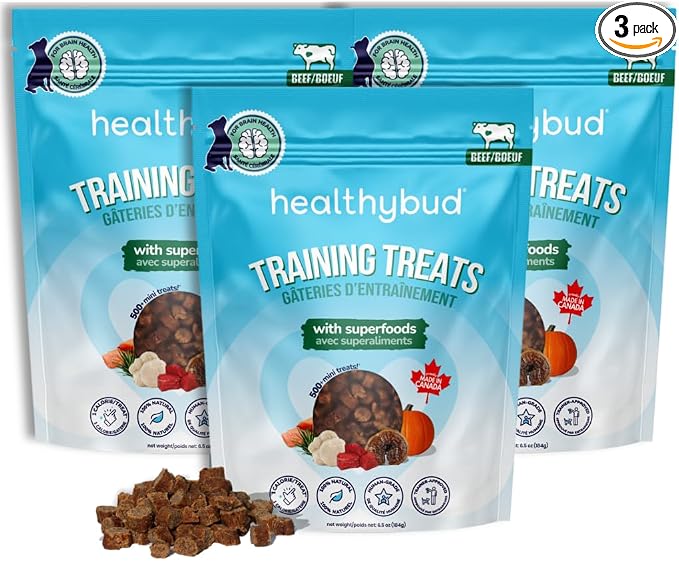 healthybud Mini Dog Training Treats - Beef Liver Soft Trainer Bites, 500+ Bits, 1 kCal per Bite, 6.5oz, Reishi, Lion’s Mane, Salmon Oil, Puppy Chews (3 Pack Beef)