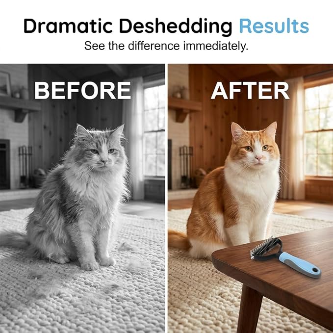 Double Sided Dematting Comb for Cats & Dogs, Undercoat Rake for Small & Large Breeds, Safe Deshedding Grooming Tool for Long Thick Haired Pets, Ergonomic Pet Grooming Brush (Blue, Small)