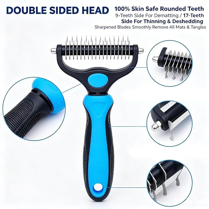 Double-sided Deshedding Pet Brush - Dual-Sided, Ergonomic & Gentle for Dogs & Cats, 2027 New Dematting Comb for Dogs Cats for Matted Fur (Blue)