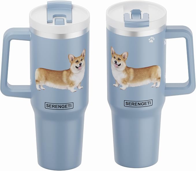SERENGETI 40 Oz Ultimate Tumbler with Handle and Straw - Vacuum Insulated Tumbler with Straw and Lid - Stainless Steel Travel Mug for Pet Lovers - 3D Designs of your favorite Dog (Welsh Corgi)