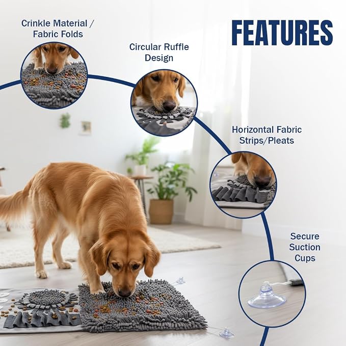 Muddy Mat® Half Chenille Snuffle Mat for Dogs Large & Small Breeds, 19"x30" Dual Material Fleece & Chenille Foraging Pad, Interactive Feeding Puzzle Encourages Slow Eating – Snuffle Mat for Dogs