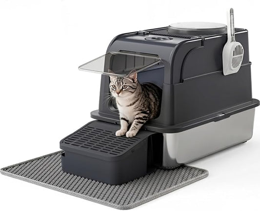 Stainless Steel Cat Litter Box with Lid, Large Enclosed Litter Box for Large Cats, High Sided Metal Cat Box with Two-Way Door & Anti-Scratch Scoop, Anti-Leakage Design, Silver
