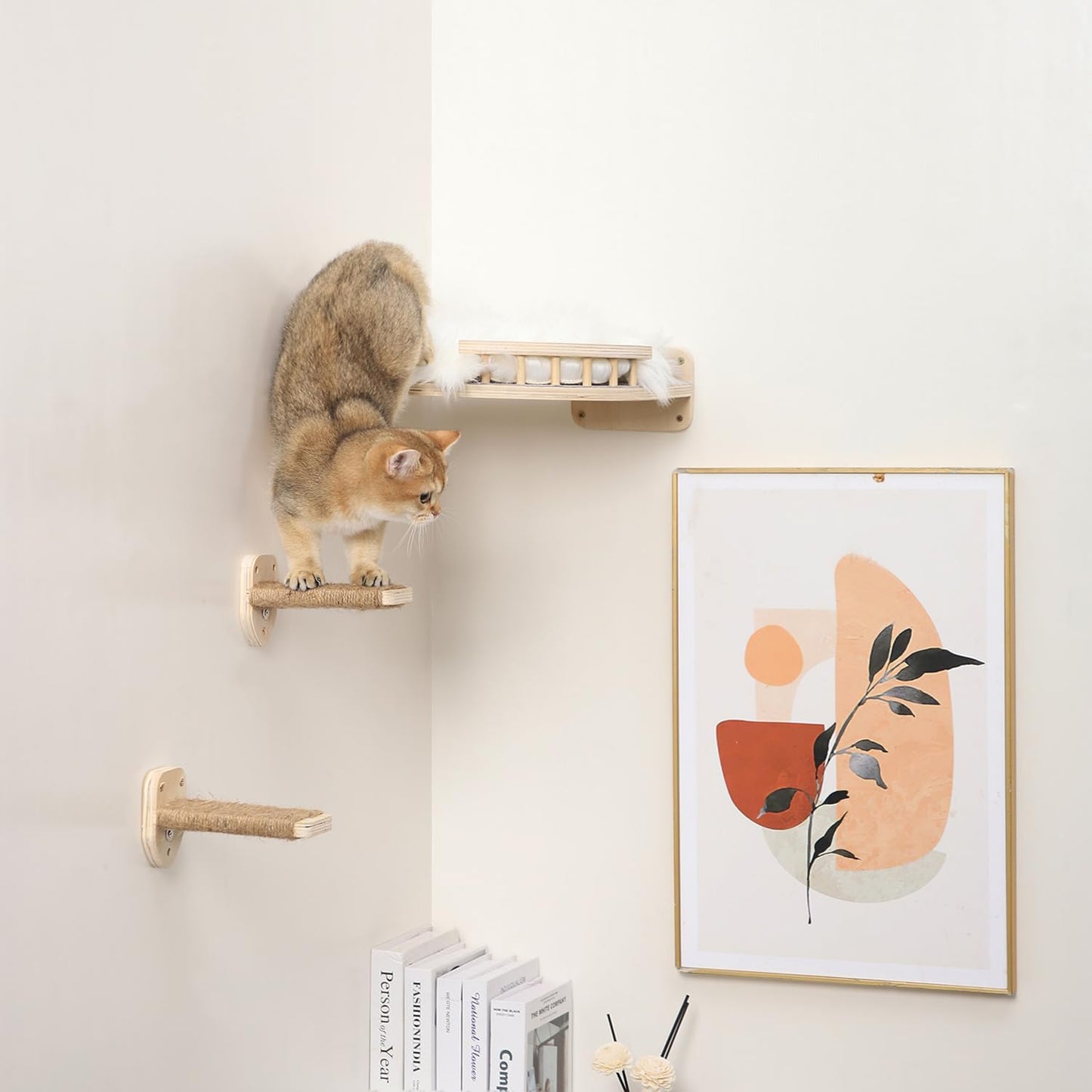 3 Pcs Cat Wall Steps, Cat Shelves and Perches for Wall, Wall-Mounted Cat Climbing Shelf with Hemp Rope Covered, Cat Wall Furniture Steps Set with Scratching Pads for Cats Playing and Climbing (Wood)