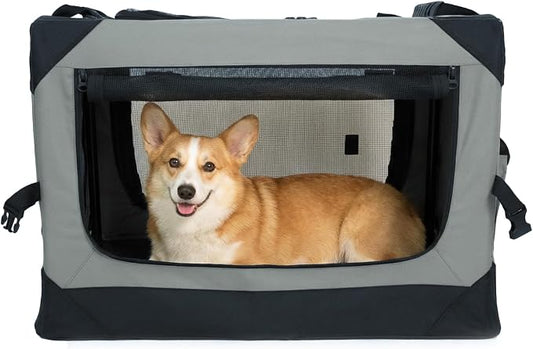 26 Inch Soft Collapsible Crate for Small Dogs, 4-Door Portable Foldable Soft Kennel with Chew Proof Mesh Windows for Indoor & Outdoor Travel Grey