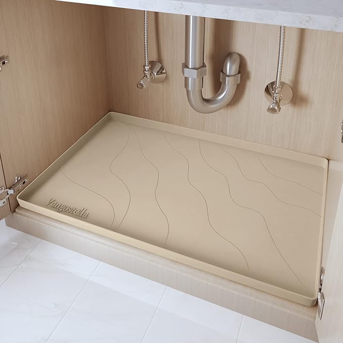 Heavy Duty Silicone Under Sink Mats for Kitchen Waterproof 40" x 19", Extra Thick Under Sink Rubber Mat Drip Tray, Raised Edge Under Sink Liner,Prevent Drips, Leaks, Spills,Beige