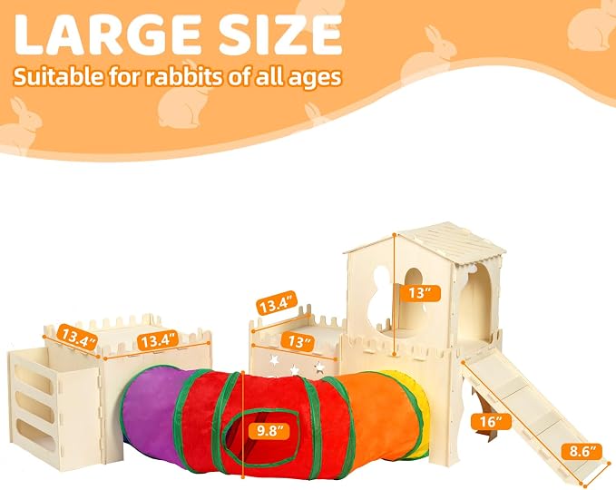 Extra Large Wooden Rabbit Hideout with Tunnels and Hay Feeder - Multistory Bunny Castle with Stairs, Climbing Tower and Sturdy Habitat for Indoor Bunnies, Guinea Pigs, Chinchillas Small Animal