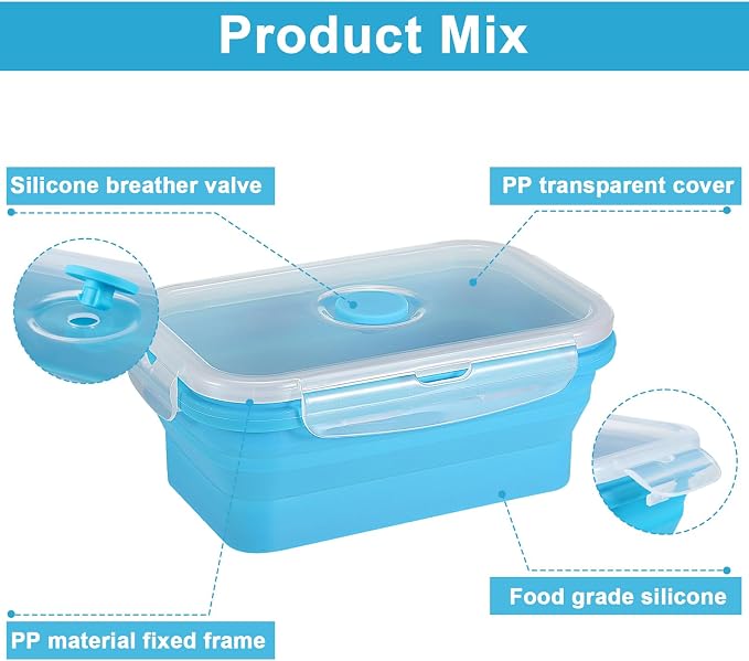 Mifoci Set of 8 Silicone Collapsible Bowls for Camping with Vent Lid Silicone Storage Containers for Food Meal Preparation Square Bowl Microwave Freezer Dishwasher Safe(Blue,17 Oz/ 500 ml)