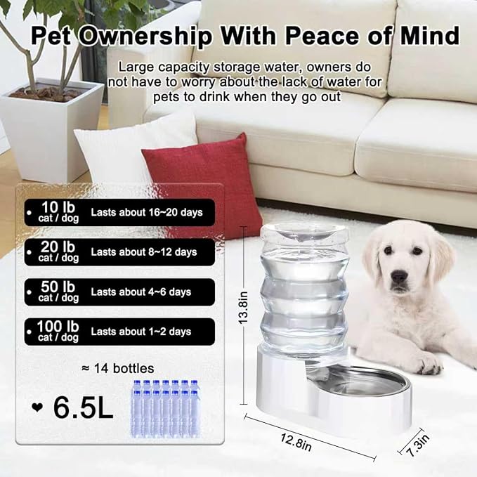 RIZZARI 6.5L Stainless Steel Pet Water Dispenser – Gravity Auto-Refill Waterer with Ion Exchange & Activated Carbon for Cats & Small Dogs, Spill-Resistant for Homes & Indoor Pet Spaces