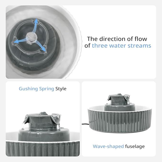 Ceramic Cat Water Fountain, 2.1L/71oz Cupcake Pet Water Fountain for Cats and Dogs, Automatic Pet Drinking Fountain,Double Filtration System, Easy to Clean, 360°Drinking Water (Grey Fountain)