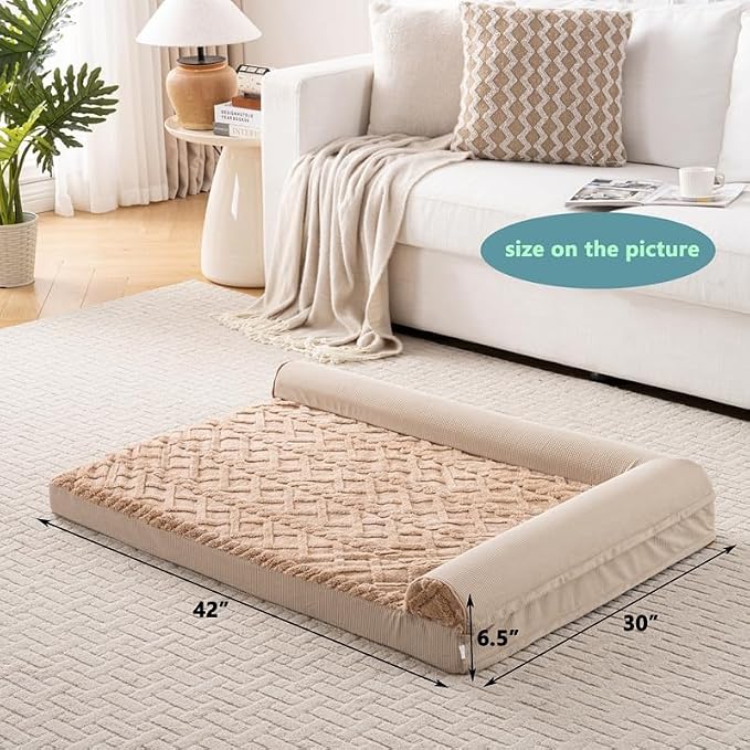 Dog Bed, L-Shaped Plush Sofa with Bolster, Memory Foam Pet Bed, Machine Washable Cover, for All Dog and cat Breeds (Brown, 48" x 35" x 6.5")
