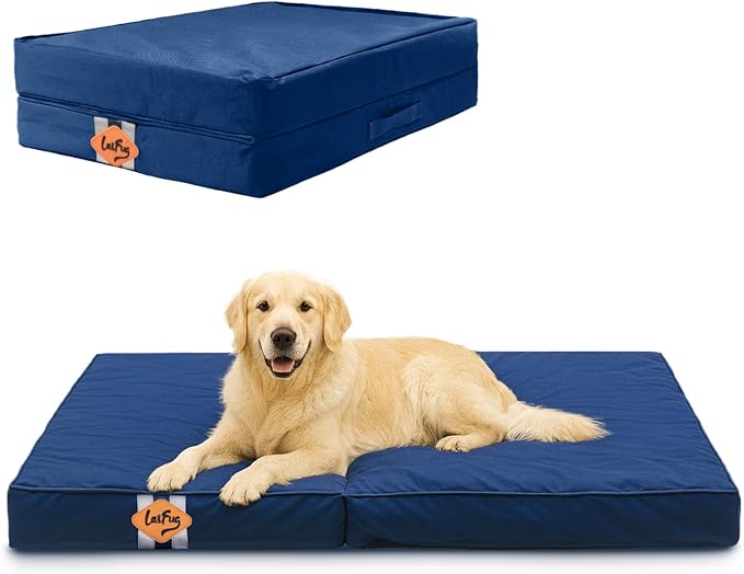 Laifug Foldable Waterproof Dog Bed for Large Dogs - Outdoor Orthopedic Dog Bed with Washable Removable Cover, Pet Mattress with Handles,Navy Blue, (36 x 27 x 3.5, inches)