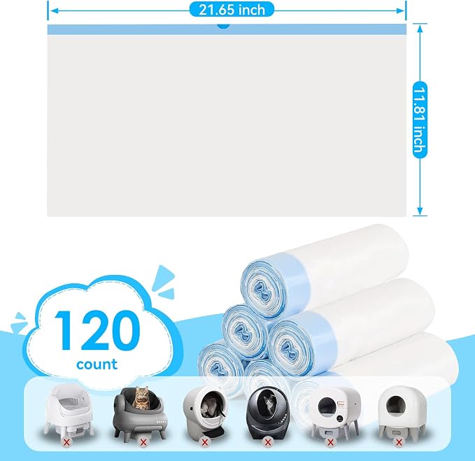 Cat Litter Bags 120 Count, 21.65"x11.8" Drawstring Close Litter Box Liners for Automatic Litter Box,Thick Cat Poop Bags,Easy to Clean,Heavy Duty Robot Bag for Self-Cleaning Box