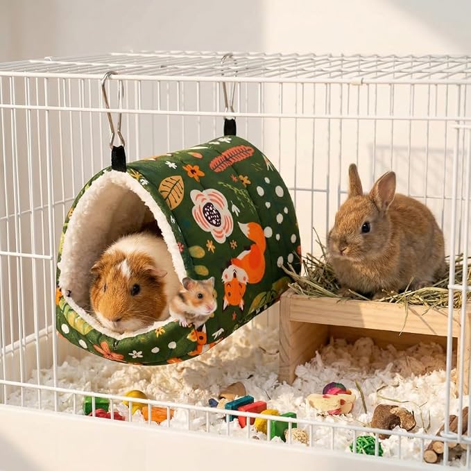 Guinea Pig Hideout 9.84 Inch, 4 Pack Small Animal Bed with Secure Hooks, Washable Fleece House for Guinea Pigs, Rabbits, Chinchillas, Hedgehog, Hamsters, Ferrets (Multi Patterns)