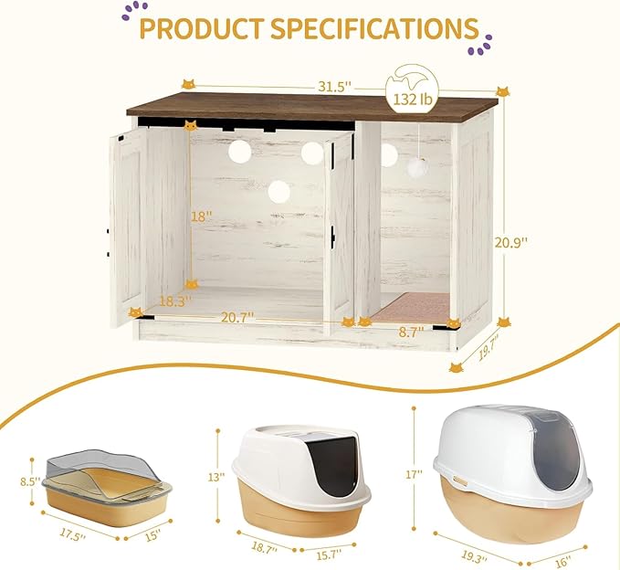 Hzuaneri Cat Litter Box Enclosure, Hidden Litter Box Cabinet Furniture with Bell, Indoor Cats House, Farmhouse Style, 31.5 x 19.7 x 20.9Inches, for Hallway, Bedroom, Rustic Brown and White CB82414X
