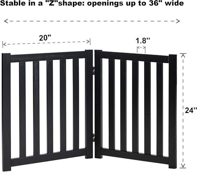 LZRS 2-Panel Wooden Free Standing Foldable Dog Gate Indoor – Solid Hardwood 24" High, Step-Over Safety Pet Gate for Doorways, Stairs & Small Spaces - Indoor Use, Black