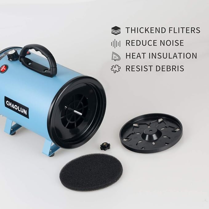 High Velocity Dog Grooming Dryer, Dog Blow Dryer, Pet Hair Dryer with Heater, Adjustable Speed, Blue