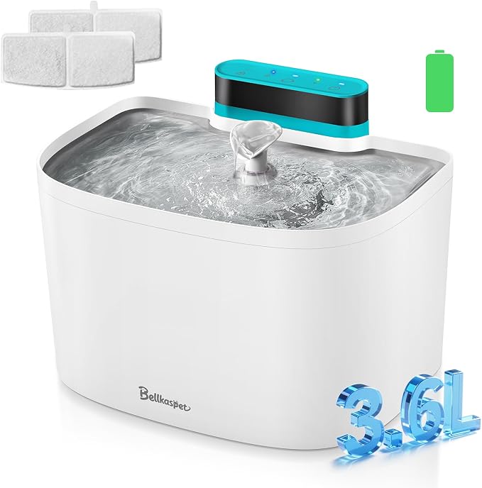 Cat Water Fountain, Wireless Battery Operated Cat Fountain, 122oz/3.6L Pumpless Water Fountains for Cats Indoor with Stainless Steel Tray, Dog and Pet Water Fountain (White, Fountain+2 Fliters)