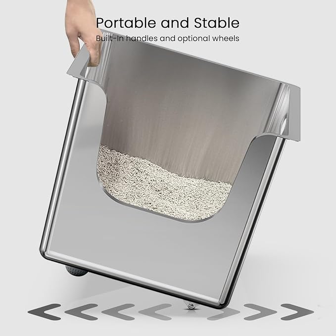 Stainless Steel Litter Box 13.7'' High Sides, XL Metal Cat Litter Box with Curved Low Entry, Cat Litter Pan for Big & Multiple Cats, Pet Toilet with Handy Wheels for Easy Moving