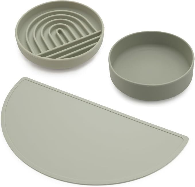 Should We Go? Silicone Slow Feeder & Pet Feeding Set – Slowdown Bowl for Dogs & Puppies, Non-Slip Waterproof Mat, Non-Tippable Water Bowl, Spill-Proof, Dishwasher Friendly, Medium-Sage Green