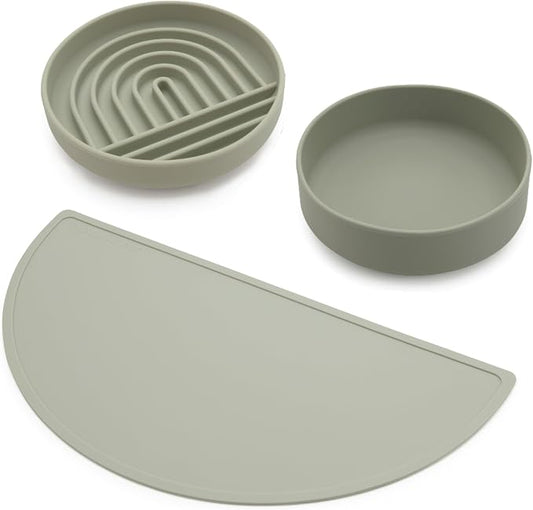 Should We Go? Silicone Slow Feeder & Pet Feeding Set – Slowdown Bowl for Dogs & Puppies, Non-Slip Waterproof Mat, Non-Tippable Water Bowl, Spill-Proof, Dishwasher Friendly, Medium-Sage Green