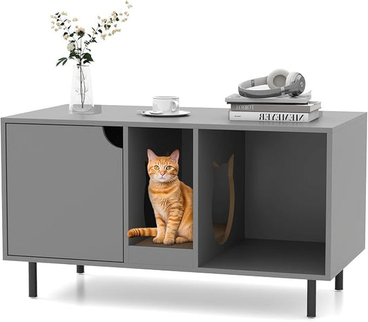 PETSITE Cat Little Box Enclosure, Litter Box Furniture with Removable Scratcher, Metal Legs, Cat Box Enclosure End Side Table, Hidden Litter Box Furniture, 40 x 21 x 22 inches (Grey)