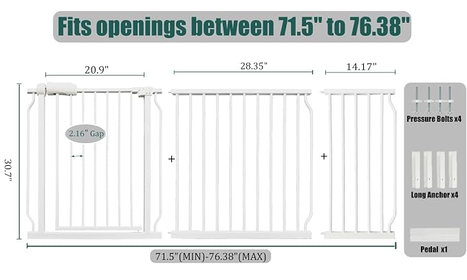 Extra Wide Baby Gate71.5-76.3" Dog Gate for Doorways, Pressure Mounted No Drill Safety Gate for Kitchen, Hallways, White Metal Pet Gate for Dogs