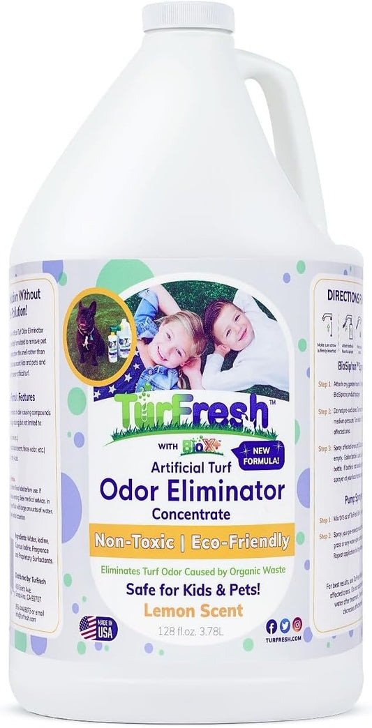 TurFresh BioX Artificial Turf Odor Eliminator – Yard Deodorizer for Dog Urine & Feces – Natural Concentrate Outdoor Cleaner – Safe for Kids & Pets – 1 Gallon Lemon Scent