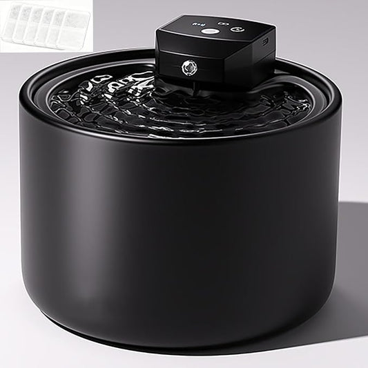 Cordless Ceramic Cat Water Fountain 101.45oz/3L with 7 Filter Automatic Super Silent Intelligent Sensor Pet Drinking Dispenser with 2500mAh Battery Dog Water Bowl Dispenser - for Pets Indoor(Black)