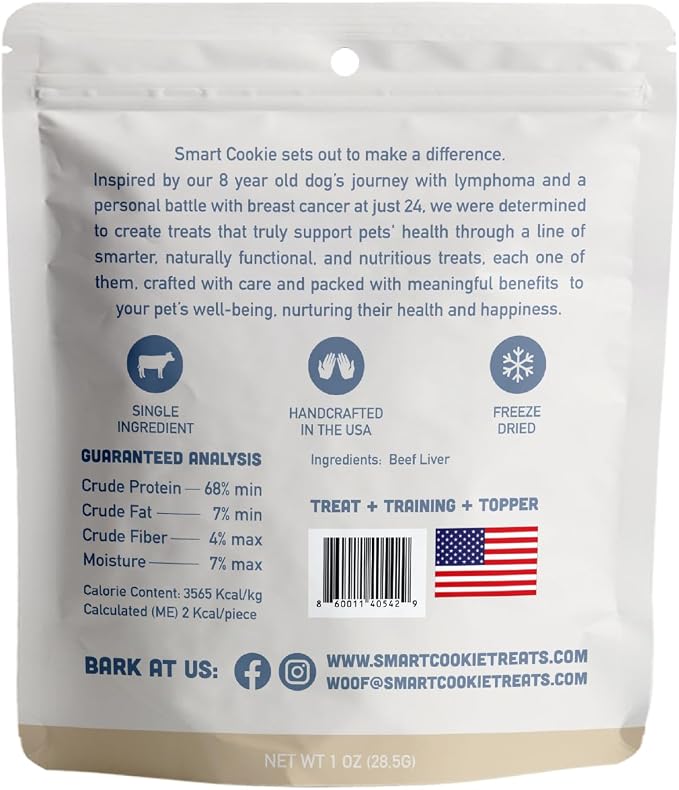 Smart Cookie Beef Liver Freeze Dried Cat Treats – Single Ingredient, High-Protein Snacks for Picky Cats – 100% Pure Beef Liver, No Fillers or Additives, Made in the USA – 1oz