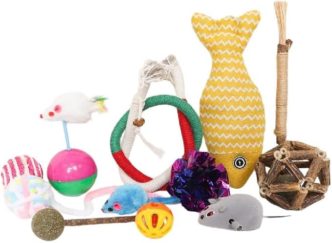 Cat Toys Kitten Toys Assortment, 12 Pack Interactive Cat Toy Set with Catnip Fish, Silvervine Sticks, Bell Balls, Plush Mice, and Woven Rings for Indoor Cats Boredom Relief and Teeth Cleaning