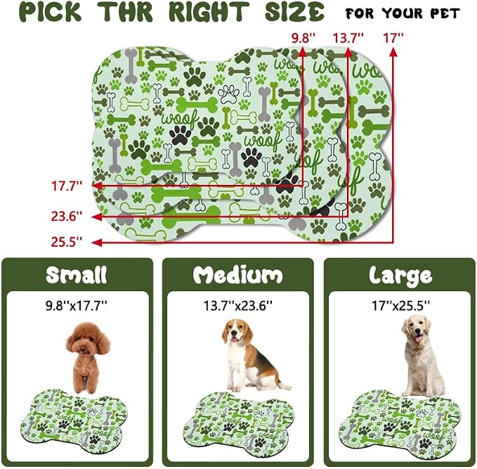 Dog Food Mats for Floors Waterproof, Pet Feeding Absorbent Water Bowl Mat Cat Placemats Green Bone Shape 25.5 * 17 inch